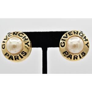 Givenchy Vintage Logo Clip On Earrings Pearl Gold Heavy Chunky Signed 80s BinAZ